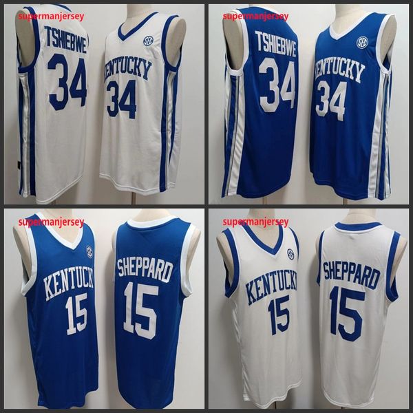 Мужская баскетбольная майка # 15 Reed Sheppard Kentucky Wildcats сшитая # 34 Oscar Tshiebwe Kentucky Jerseys S-3XL aaa