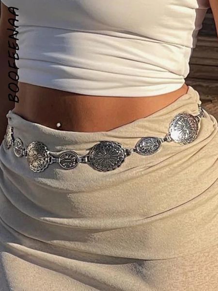 BOOFEENAA Y2k Style Silber Gold Kettengürtel Bekleidungszubehör Boho Vintage Hippie Taillengürtel für Frauen Rave Festival C67-BZ13240115