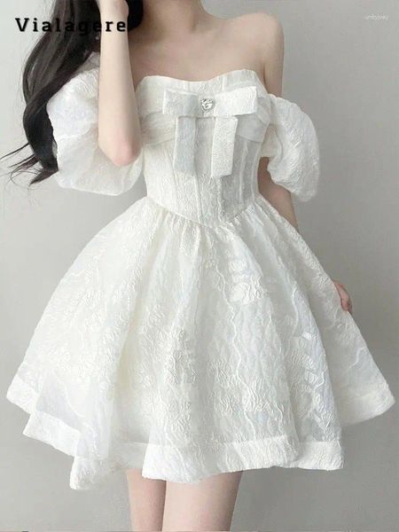 Vestidos de festa 2024 verão fada luxo sexy puff manga sweetheat pescoço para mulheres francês elegante arco branco fino ajuste princesa