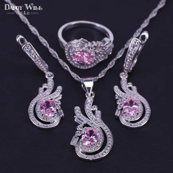 Halsketten Heißer Verkauf 9 Farben Kristall Anhänger Halskette Ohrringe Ringe Set Sterling Silber Elegante Schmuck-Set Frauen Valentinstag Geschenke