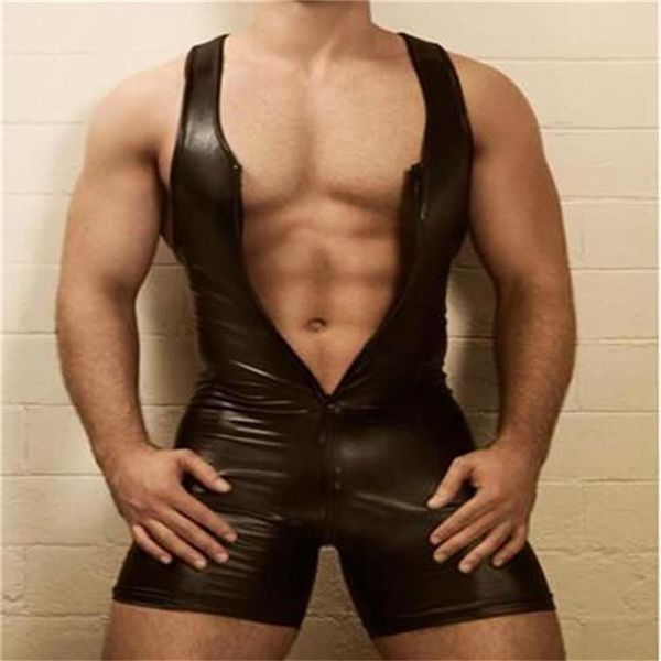 Mens Gays Bondage Fetiş Seksi PVC Catsuit Bodysuit Playsuit Clubwear Tulum Kıyafet L973 MLXLXXL3XL294O