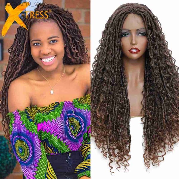 Perucas sintéticas X-TRESS Faux Locs Peruca trançada frontal de renda sintética com cabelo de bebê 28 polegadas Tranças de crochê River Goddless Locs com peruca de cabelo encaracolado Q240115