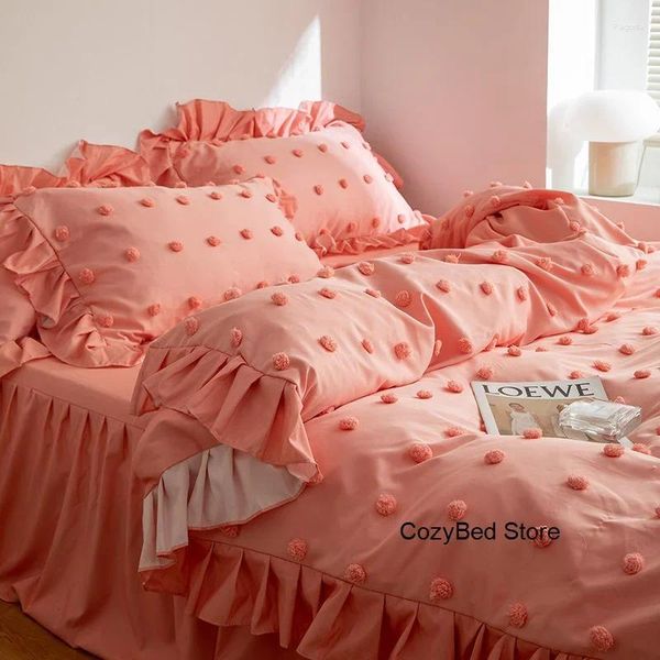 Set di biancheria da letto Ins Princess Pink Set Volant Bordo in pizzo Copripiumino Biancheria da letto in cotone lavato Gonna trapunta per ragazze Decor Home