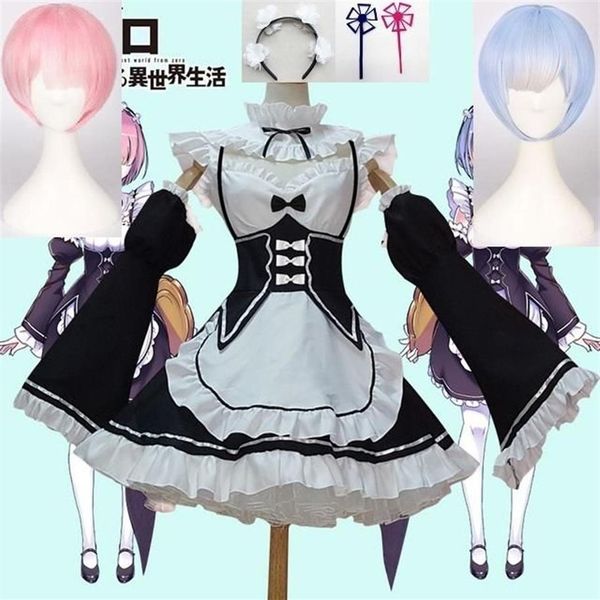 Anime Rezero Kara Hajimeru Isekai Seikatsu Leben in einer anderen Welt Ram Rem Cosplay Kostüm Perücken Dienstmädchen Kleid Halloween Kostüm257L