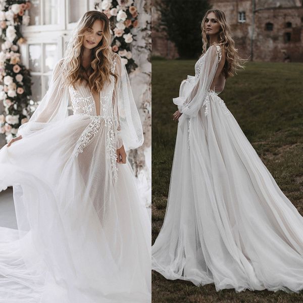 Abiti da sposa sulla spiaggia della Boemia Abiti da sposa a maniche lunghe Senza schienale Senza maniche Illusion A Line Abiti da sposa Realizzati su misura