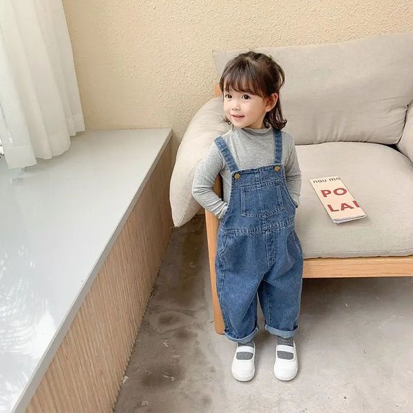 Verão denim bebê menina menino macacão sólido jeans macacão bolso crianças casual solto macacão azul crianças macacão outfits 240115