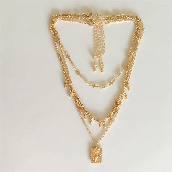 Colares de pingente na moda cor de ouro quadrado gravado triângulo pendurado em camadas colar para mulheres menina elegante linda jóias