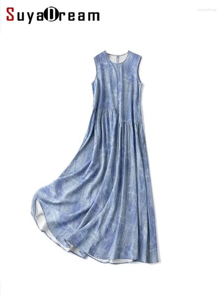 Vestidos casuais suyadream mulheres maxi real seda sem mangas impresso longo vestido de praia 2024 primavera verão roupas azul