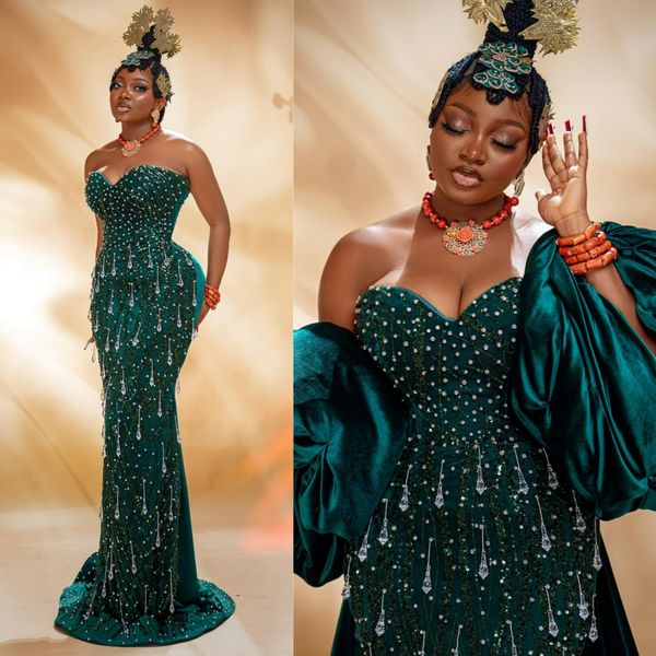 Hunter Green Velvet Aso Ebi Ballkleider für schwarze Frauen, Meerjungfrau, Perlenspitze, Kristalle, formelles Abendkleid, Geburtstagspartykleid, zweite Empfangskleider ST796