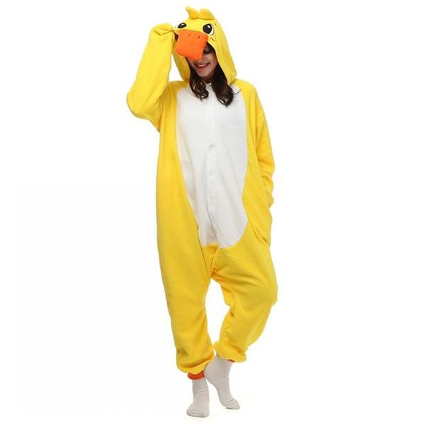 Traje de festa de halloween bonito adorável pato amarelo onesie pijamas traje unisex adulto de uma peça pijamas onesie topos festa dos desenhos animados 252t