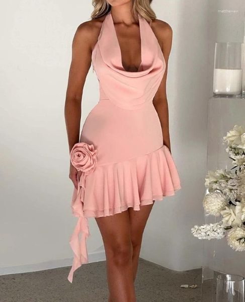 Casual Kleider Frauen Rose Detail Party Mode 2024 Halter Rüschen Saum Sexy Ärmel Hängenden Hals Mini Süße Elegante Kleid