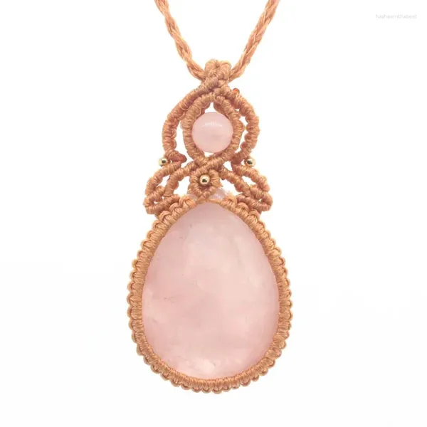 Colares Pingente Cura Natural Roxo Cristal Rosa Rosa Quartzo Pedra Fio Corda Envolvida Trançada Macrame Gota de Água Colar Jóias