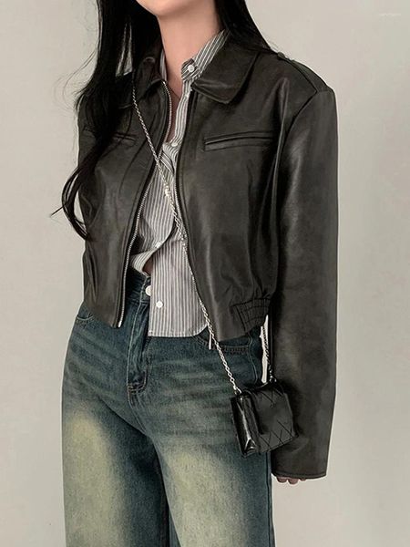 Jaquetas femininas Mulheres S Faux Leather Crop Jacket Manga Longa Lapela Zipper Moto Biker Curto