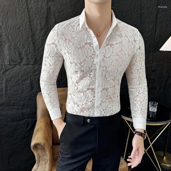 Camicie casual da uomo Maglia trasparente in pizzo floreale Camicia trasparente Manica lunga Abito clubwear sexy Evento festa Prom Trasparente Chemise Homme