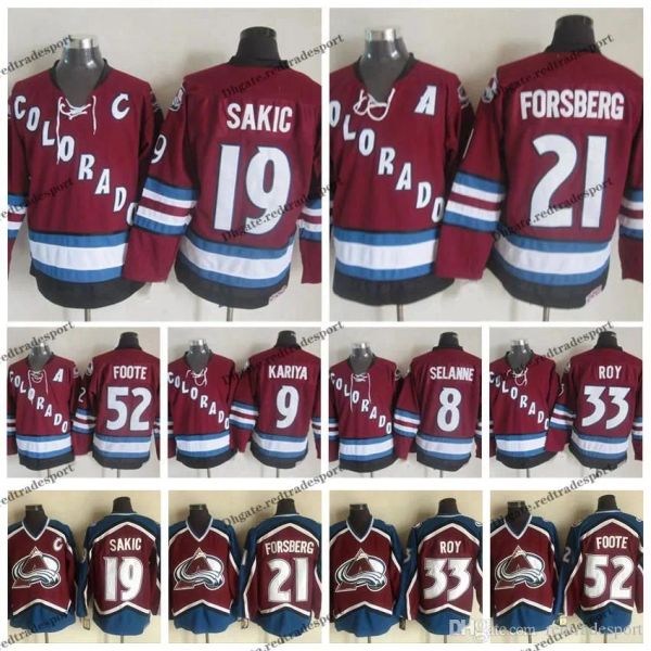 Benutzerdefinierte Herren Damen Jugend Vintage Colorado Avalanche Hockey-Trikots 52 Adam Foote 21 Peter Forsberg 8 Teemu Selanne 9 Paul Kariya 19 Joe Sakic 33 Patrick Roy J