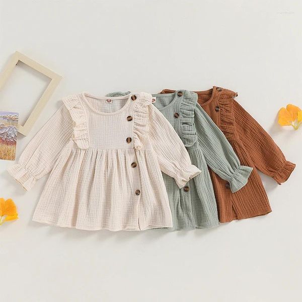 Vestidos da menina de algodão linho bebê meninas vestido outono casual sólido manga longa tripulação pescoço botões a linha para crianças roupas infantis