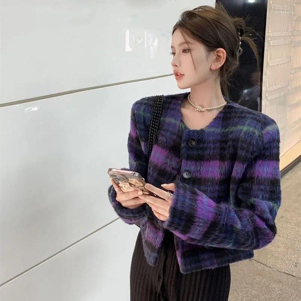 Damenjacken Xpqbb Lila Plaid Wolljacke Frauen Koreanische Stil Streetwear Einreiher Kurzmantel Damen 2024 Frühling Langarm