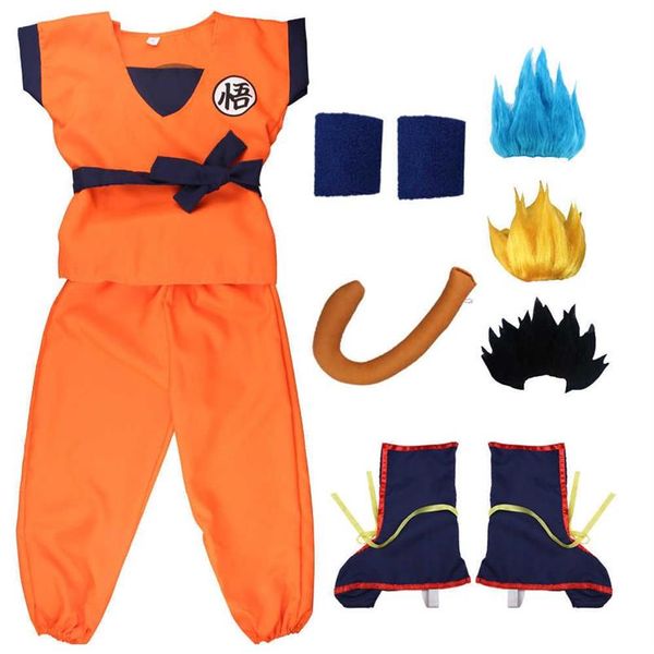 Halloween Bambini Abiti per adulti Son Goku Costume Cosplay Anime Supereroi Tuta Capelli neri Costume Dress Up Y0903221M