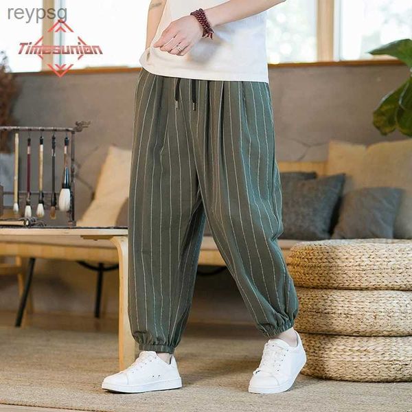 Calças masculinas estilo japonês verão listrado algodão linho fio gaiola roupas de rua masculina respirável calças de praia masculina casual bezerro calças yq240115