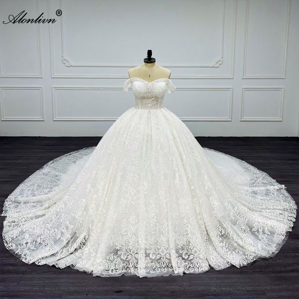 Alonlivn100% fotos reais vestido de baile de renda brilhante vestido de casamento com cauda de capela luxo bordado renda querida vestidos de noiva