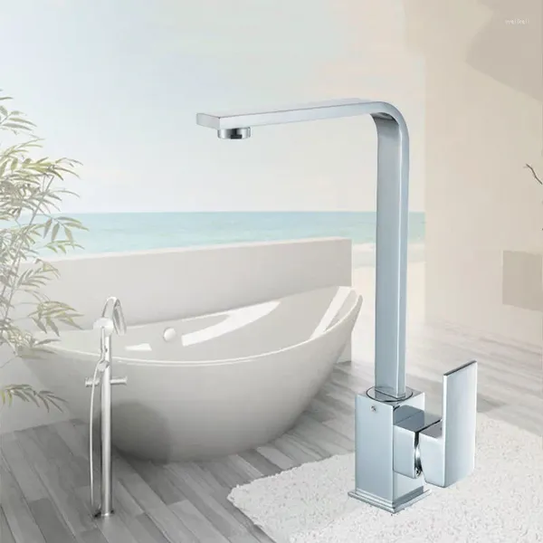 Rubinetti per lavabo bagno Quadrato cromato Cascata Rubinetto per lavabo Miscelatore Rubinetto monocomando Becco largo Rubinetto per vaso Acqua fredda