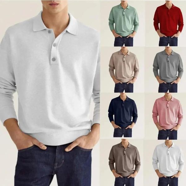 Polos masculinos europeus e americanos outono manga comprida com decote em v botão casual top camisa polo ropa para hombre