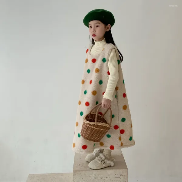 Vestidos da menina crianças roupas meninas inverno coreano crianças colorido bolinhas longo colete vestido bebê sem mangas lã de cordeiro