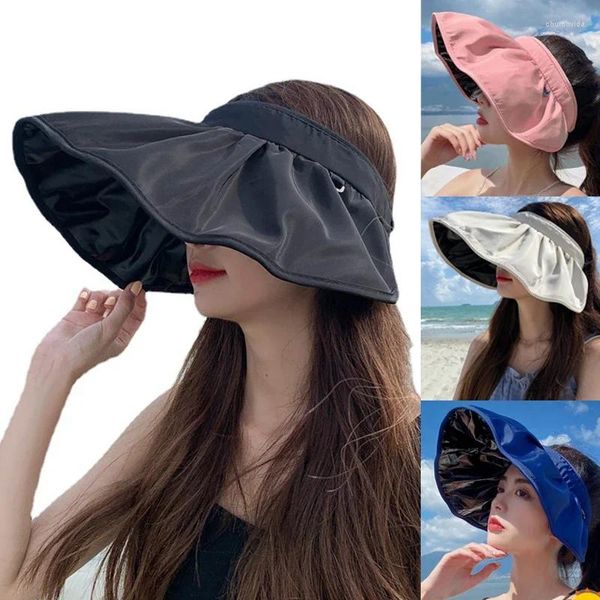 Cappelli a tesa larga Estate Donna Cappellino grande a conchiglia Fasce per capelli a doppio uso Protezione solare da viaggio da spiaggia Cappello a cilindro cavo da sole Colore solido pieghevole