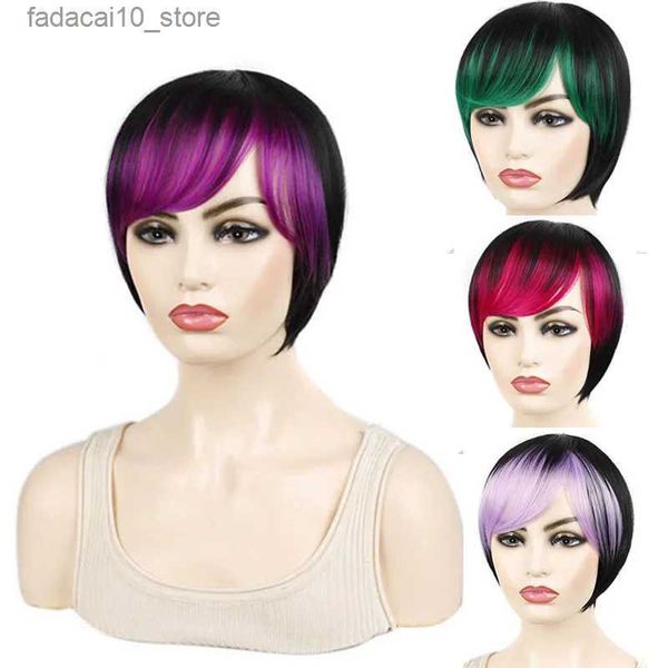 Perucas sintéticas Jeedou Perucas de cabelo curto sintético Bob Corte de cabelo Whit Bangs Rosa Roxo Verde Ombre Cor Peruca da menina Q240115