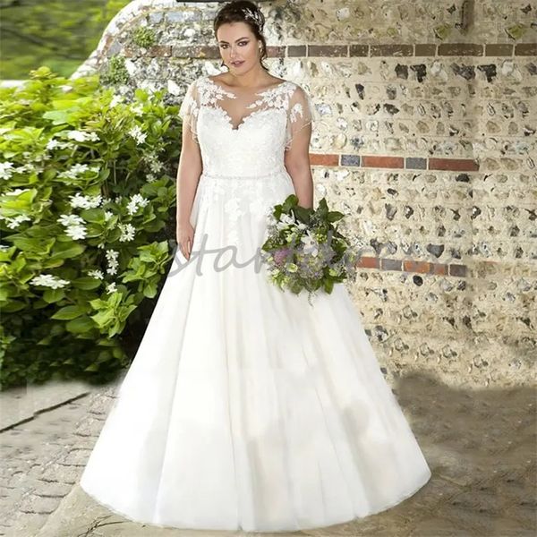 Plus Size Brautkleid mit Cape-Ärmeln, transparentem Ausschnitt, A-Linie, Landbrautkleid, Applikationen, Spitze, rückenfrei, Brautkleider, elegant, Abiti Da Sposa Vestios De Novias