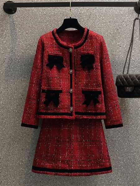 Weihnachten Herbst Winter Rote Wolle 2 Stück Set Frauen Schwarz Schleife Einreiher Tasche Tweed Jacke Mantel Mini Rock anzug 240113