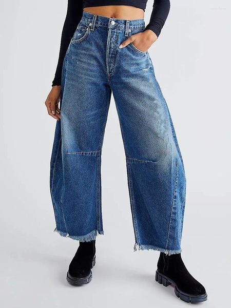 Jeans da donna Donna Primavera Estate Pantaloni larghi in denim lavato affusolati con nappa Vita larga Gamba larga da donna