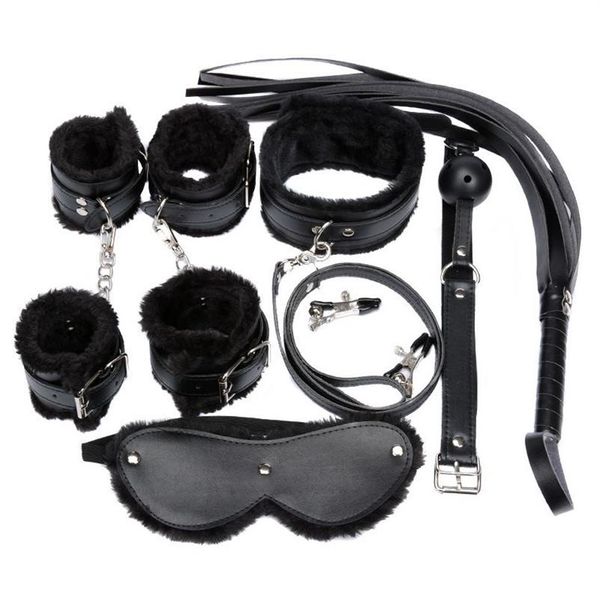 Set di costumi da donna 7 pezzi Set sexy in pelle PU Peluche Fetish Bondage sessuale Biancheria intima erotica con manette Morsetti per capezzoli Gag Whip312I