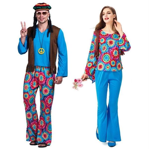 Umorden Adulto Retro anni '60 anni '70 Hippie Love Peace Costume Cosplay Donna Uomo Coppie Halloween Purim Costumi del partito Fancy Dress282v