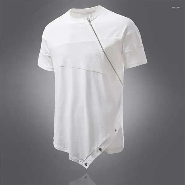 Camiseta masculina com zíper personalizado, gola redonda, manga curta, camiseta hipster, casual, top, roupas masculinas