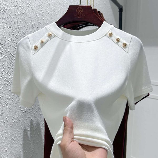 Camisa de fundo de algodão modal com design de botão para mulher, pescoço redondo, 2023 primavera/verão nova camiseta de emagrecimento feminino, topo feminino