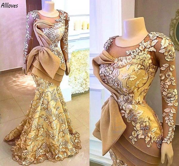 Árabe Aso Ebi Vestidos de baile de ouro delicado bordado renda grande arco mangas compridas mulheres ocasião formal vestidos de festa trem de varredura segunda recepção vestido de noite CL3200