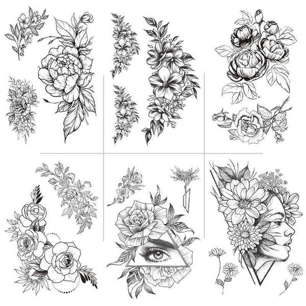 Wen Aimei wasserfester Tattoo-Aufkleber, schwarz, handbemalt, schlichtes Blumenset, Wassertransfer