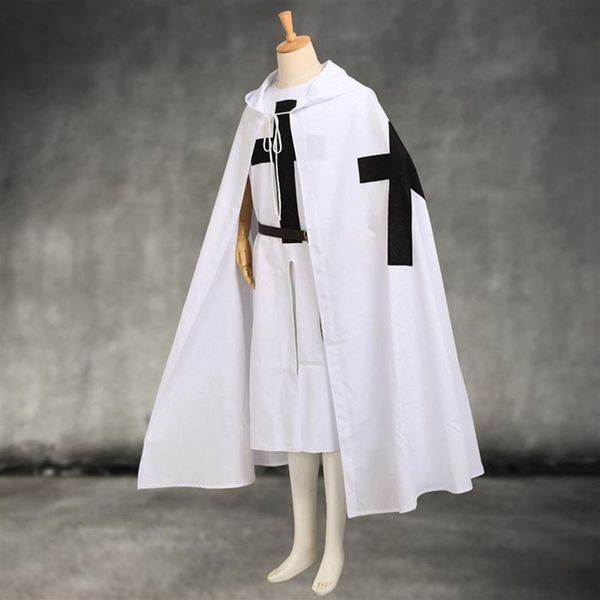 Medievale Cavalieri Templari Mantello Set Cosplay da uomo Guerriero bianco Larp Costume Tunica CAPO Croce nera Stampa Ouitfit301N