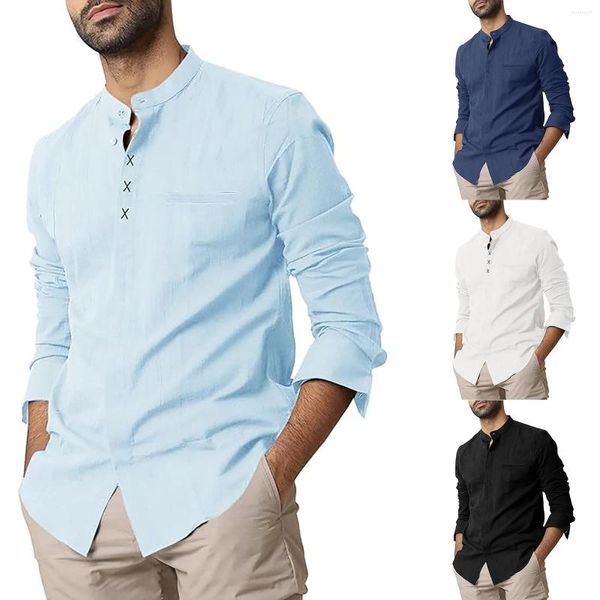 Homens camisetas de manga comprida algodão linho cor sólida lapela camisa casual top girando 50 para homens rack de basquete led