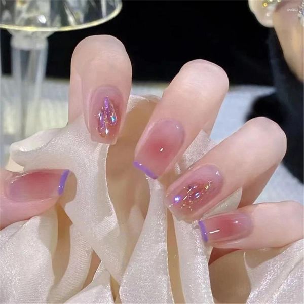 Накладные ногти, милые желейно-розовые французские кончики с квадратной головкой, набор накладных ногтей с фиолетовой бахромой, короткие с узорами