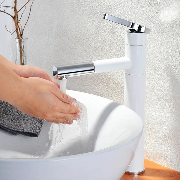 Rubinetti per lavabo da bagno Lavabo Rubinetto in ottone Lavelli per vasi Miscelatore Rubinetto per lavabo Bocca girevole Lavabo da piano colore bianco