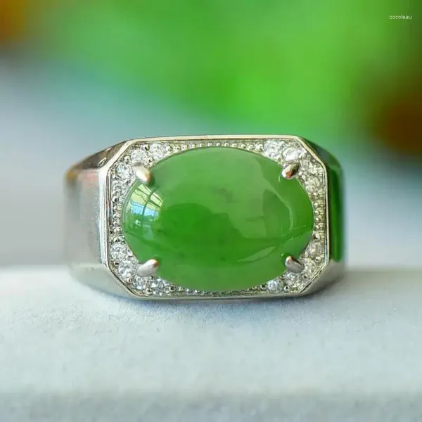 Anéis de cluster Natural Green Jade Retângulo Homens Mulheres Fine Jewelry Acessórios Genuíno Hetian Jades Nephrite Horse Saddle Ring Ajustável