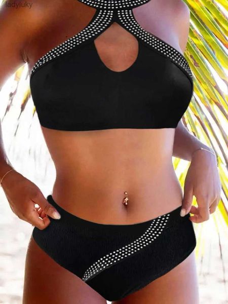Yüzme Giyim Polka Dot Hollow Out Halter Bikini Seti Siyah Kadınlar Mayo 2023 Yeni Mayo Kadın Seksi Push Yüzme Banyo için Yüzmek
