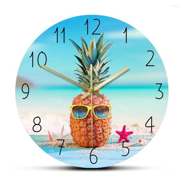 Wanduhren Kawai Ananas mit Sonnenbrille, Uhr für Küche, Esszimmer, tropische Früchte, Sommer, Küstendekoration, Meeresuhr
