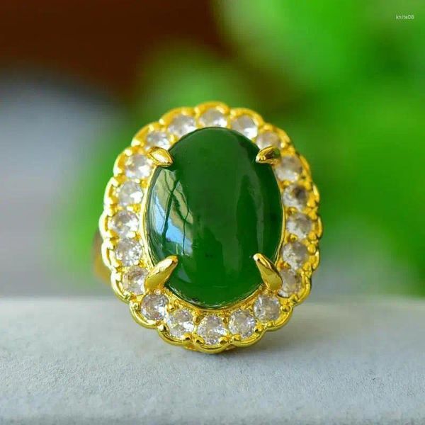 Cluster-Ringe Grade A Green Jade Ring Frauen Edlen Schmuck Naturstein Echte Hetian Jade Nephrit Luxus Zirkon Hochzeit Einstellbar