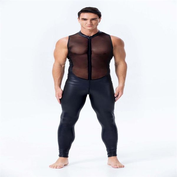 Novo design masculino macacão de couro falso sexy malha estiramento catsuit sem mangas ver através bodysuit masculino zíper virilha aberta clubwear230q