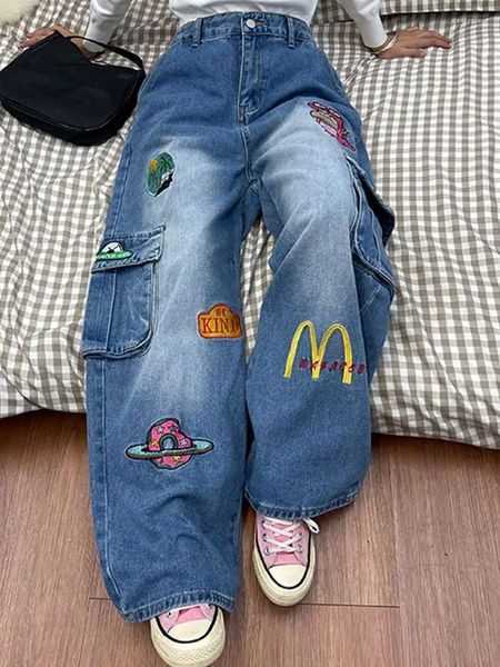 Женские джинсы с рисунком американской вышивки, прямые ретро свободные студенческие осенние и зимние тонкие комбинезоны, брюки для мытья полов