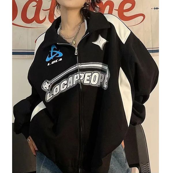 Vintage Frauen Übergroße Sweatshirts Herbst Brief Drucken Zipper Jacke Caots Koreanische Streetwear Trend Y2K Weibliche Hoodies Tops 240115