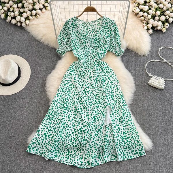 Vestidos de festa vento suave mangas bolha perto da cintura para mostrar fino decote em v floral chiffon vestido elegante temperamento longo verão